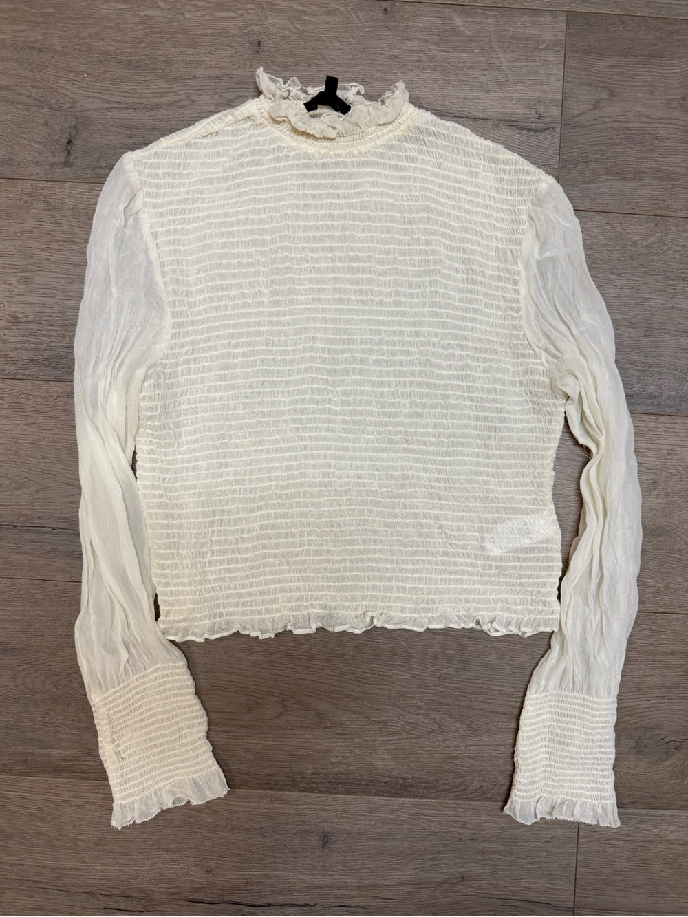 rag & bone Ivory Smocked Ruffle-Neck Long Sleeve Top